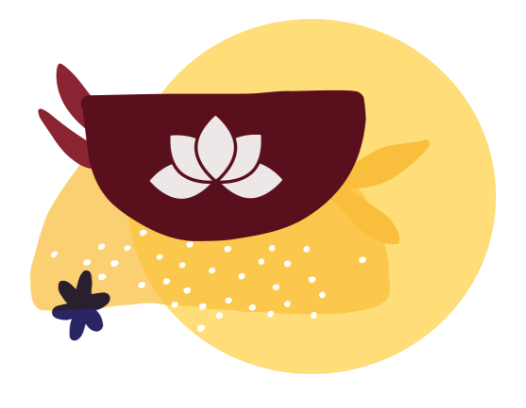 Illustration of a maroon bowl with a white lotus on it. The background is abstract shapes in a variety of gold hues.