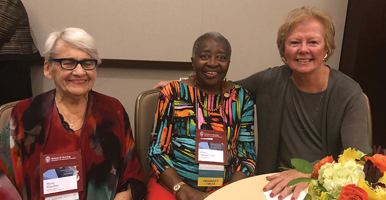A trifecta of Living Legends, alumna Marie Manthey, Board of Visitor member Clara Adams-Ender, and Faculty ad Honorem Joanne Disch at the 2018 American Academy of Nursing reception
