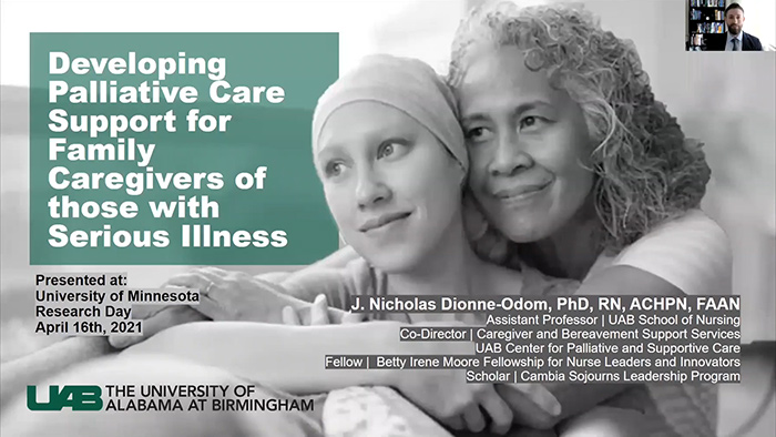 Research Day 2021 keynote presentation introduction slide saying Developing Palliative Care Support for Family Caregivers of those with serious illness