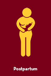outline drawing of a woman with a baby breastfeeding and the word postpartum underneath the figure