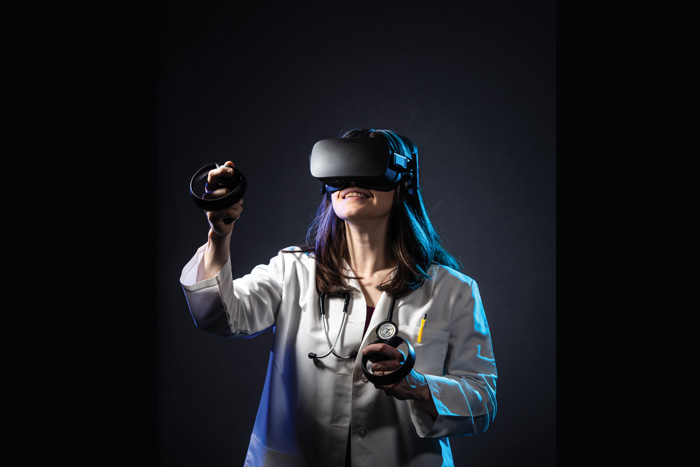 Woman in virtual reality simulation