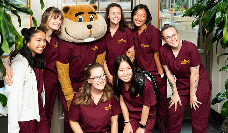 Sophomores in the Bachelor of Science in Nursing Program and first-year Master of Nursing students celebrated their entry into the nursing profession with Goldy at a ceremony in September.