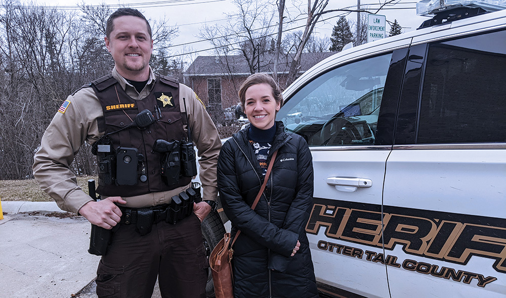 Sheriff Deputy Colby Palmersheim and DNP student Nicole Hoffman during her ride along in Otter Tail County.