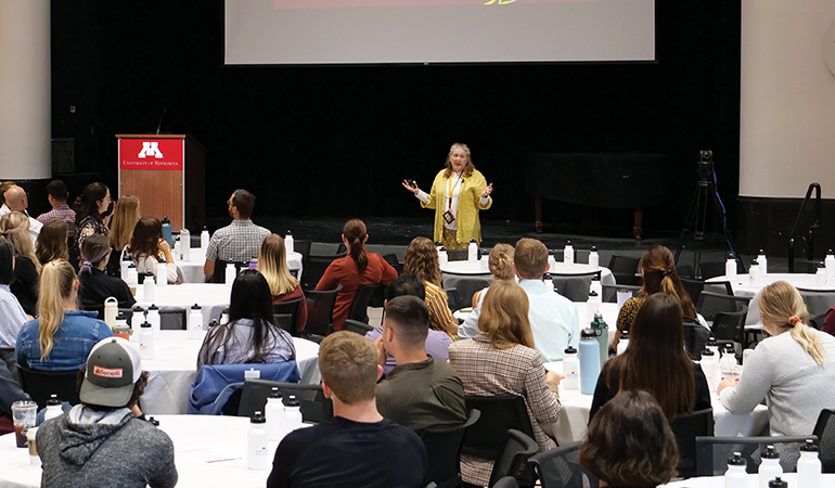Judy Pechacek, DNP, RN, CENP, assistant dean, Doctor of Nursing Practice (DNP) program, addresses students at the DNP Enhancement and Enrichment Programming (DEEP) Day Sept. 15. The focus was the evidence-based value of story-telling in health care.