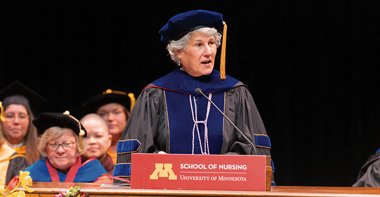 The University of Minnesota School of Nursing celebrated the graduation of Bachelor of Science in Nursing, Doctor of Nursing Practice and PhD students at a commencement ceremony May 15. Pamela Cipriano, president of the International Council of Nurses, delivered the commencement address, encouraging new graduates to be rebels to challenge the status quo.