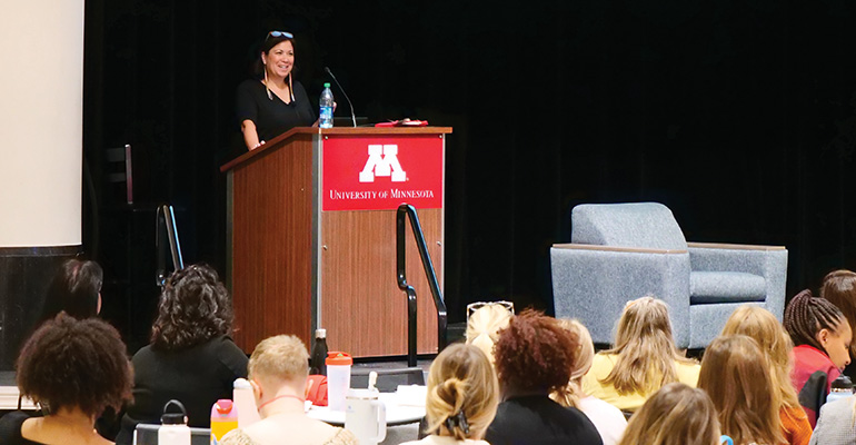 Natalie Nicholson, a citizen of The Three Affiliated Tribes, spoke to Doctor of Nursing Practice students at the DNP Enhancement and Enrichment Programming Day Sept. 14 about her journey to establish an Anishinaabe-led health center. She serves as a nurse practitioner at Mewinzha Ondaadiziike Wiigaming in Bemidji.