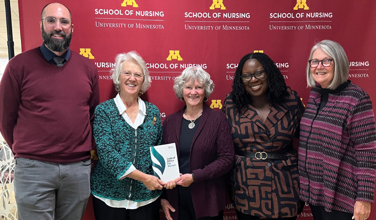A celebration of the newly updated American Nurses Association Code of Ethics for Nurses was held on Oct. 30. Speakers included Ian Wolfe, director of Ethics at Children’s Minnesota, Martha Turner, cochair of the 2025 Code of Ethics for Nurses revision, Teddie Potter, School of Nursing planetary health director, Shika Kalevor, a bioethics leader at Children’s Minnesota who served on an expert panel for the ANA revision, Katheren Koehn, Minnesota Organization of Registered Nurses executive director.