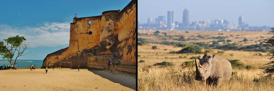 A collage of photos from Kenya featuring a beach, plains, and a large city.