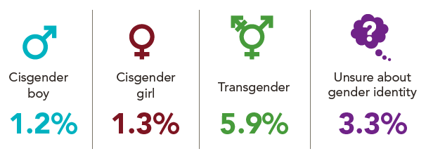 gender identity slide showing 1.2% cisgender boy, 1.3% cisgender girl, 5.9% transgender, and 3.3% unsure about gender identity