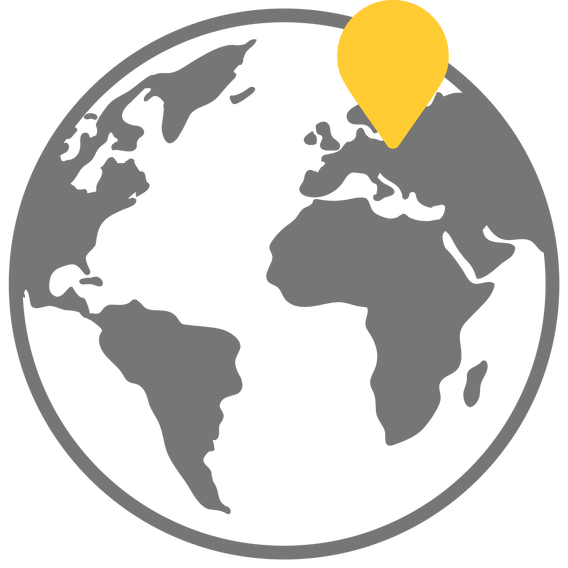 globe drawing with continents in gray and yellow marker in region of northern europe