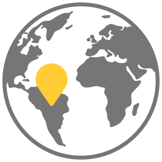 globe drawing with continents in gray and yellow marker in region of South America