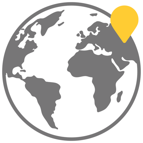 globe drawing with continents in gray and yellow marker in region of Asia