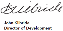 John Kilbride, Director of Development signature