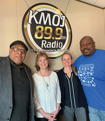 Clarence Jones, Karen Monsen, Robin Austin and Walter Banks, Jr. at KMOJ radio station.