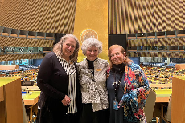 Clinical Professor Judy Pechacek, Densford Center Director Teddie Potter and Densford Center Director Holly Shaw at the United Nations in New York City.
